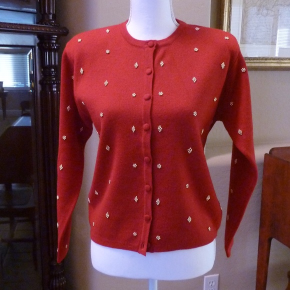 Red Cardigan with Gold Beads EUC sz S - Picture 2 of 6